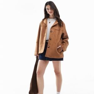 ASOS DESIGN faux suede button-front jacket in tan.